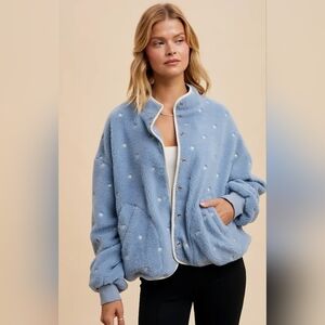 Women's Blue Speckled Embroidered Sherpa Jacket